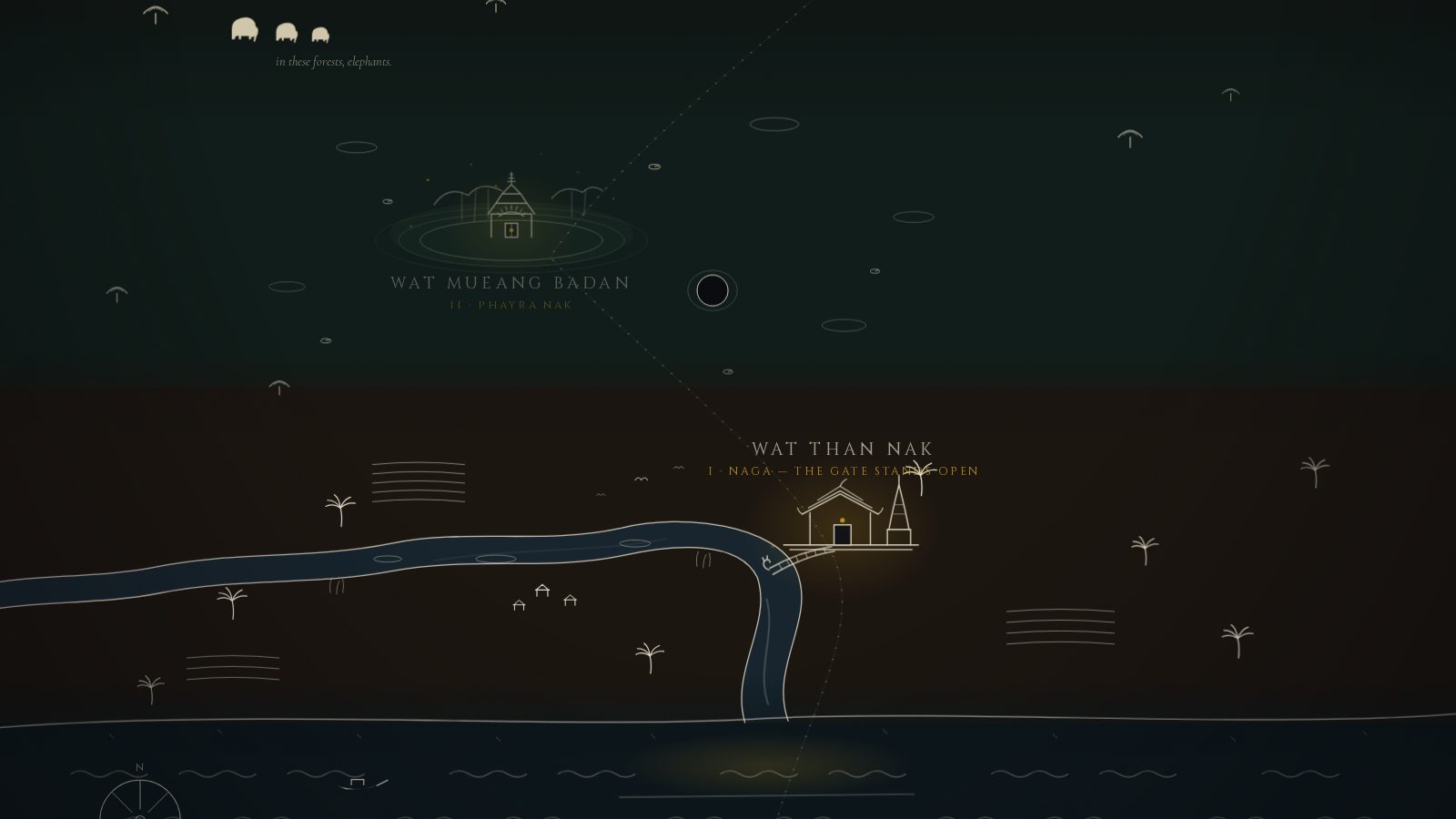 The Temple Atlas: five temples on a painted map of Thailand, from the river gate at Naga to the summit at Garuda